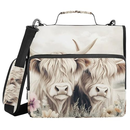3 Ring Zipper Binder with Shoulder Strap Highland Cow Cattle Flower 2 Inch Zippered Binder Bag 500 Sheet Capacity Multi Pockets for School Supplies - color: Multi23