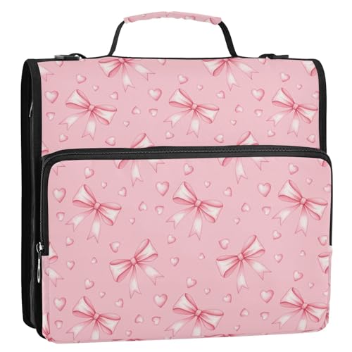 Zipper Binder Bag 3 Ring File Folder Portfolio Organizer Zippered Binder Bags with Strap Fits Laptop Women Men - color: 22-pink Ribbon Bow