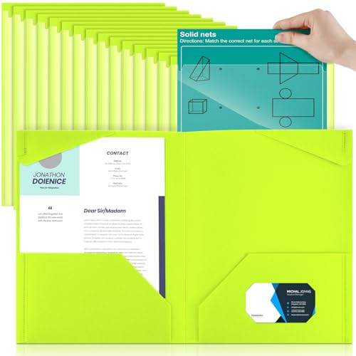 Henoyso 36 Pack Fluorescent Green Plastic Folders with Clear Front Pockets Heavy Duty File Folders with 2 Pockets and Card Slot for Student Communication School Office Presentation Report - color: Fluorescent Green