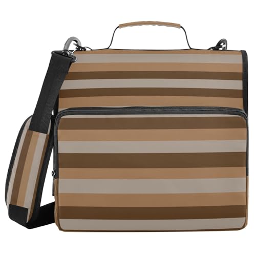 Dark Light Brown Stripes Zipper Binder with Shoulder Strap Trapper Keeper 3 Ring Binder Organizer Large Capacity Multiple Compartments for School Office - color: Dark Light Brown Stripes