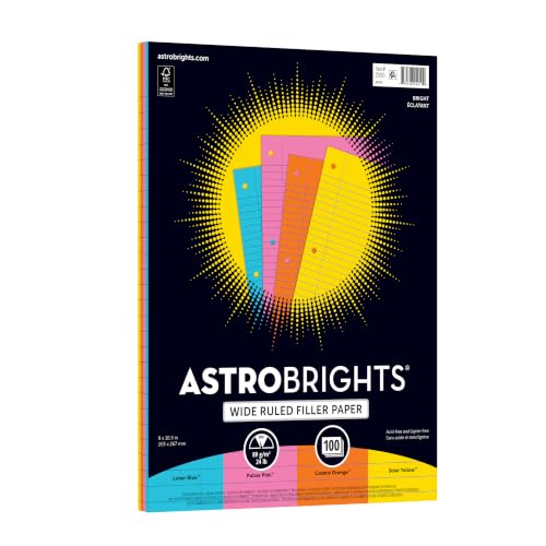 Astrobrights® Filler Paper, 8" x 10 1/2", Wide Ruled, 20 Lb, FSC® Certified, Assorted Colors, Pack Of 100 Sheets - size: pack of 100 sheets