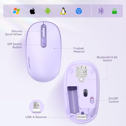 TECKNET Wireless Mouse,Bluetooth Mouse (BT5.3/5.0 & 2.4G) with USB Receiver Silent Optical Computer Mice，Wide Compatibility - color: Purple