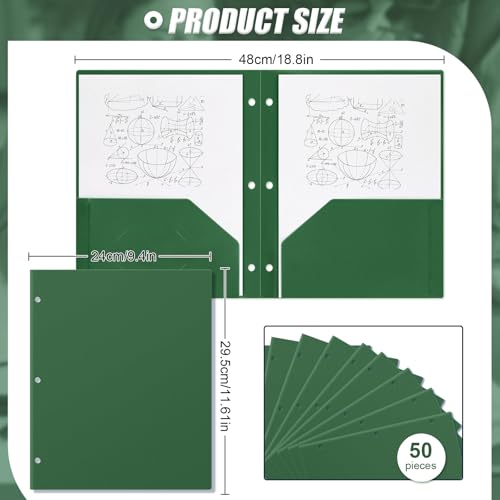 Yeaqee 50 Pcs Plastic Folders with Pockets Bulk 3 Hole Punched 2 Pocket File Folders for 3 Ring Binder Divider Folder for Notebooks, Durable Poly for Office Home (Dark Green) - color: Dark Green