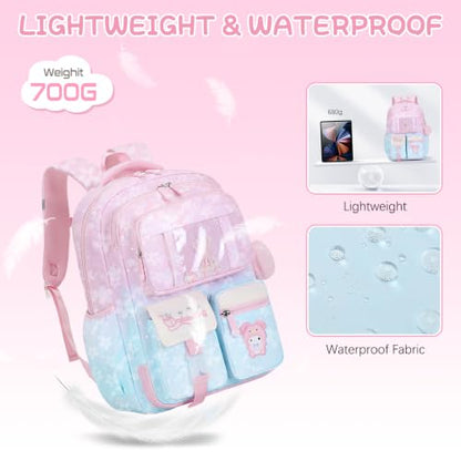 Jafeton Backpacks for Girls, Girls Backpack with Insulated Lunch Bag and Pencil Case for Kids Teens Elementary Middle High School Student, Cute Bow School Bag Travel Daypacks Book Bag Set - color: Pink Blue
