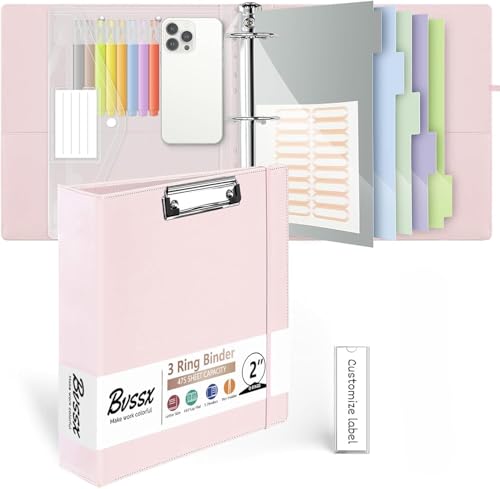 Leather 3 Ring Binder, 2 Inch Binders with Clipboards, 5-Tabs Pockets Dividers, 18 Divider Stikers, Plastic Folder, Pen Holder, Three Ring Binder with Pen Holder(Pink, Letter Size) - color: Pink, size: 2in（Letter Size）