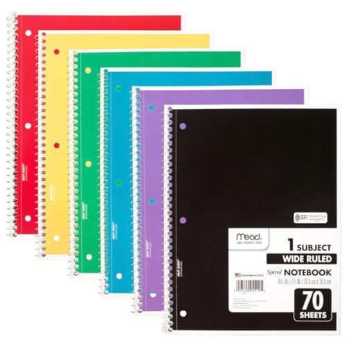 Mead Spiral Notebook, 6 Pack, 1 Subject, Wide Ruled Paper, 7-1/2" x 10-1/2", 70 Sheets per Notebook, Colors Will Vary (930201-ECM25) - size: Pack of 6