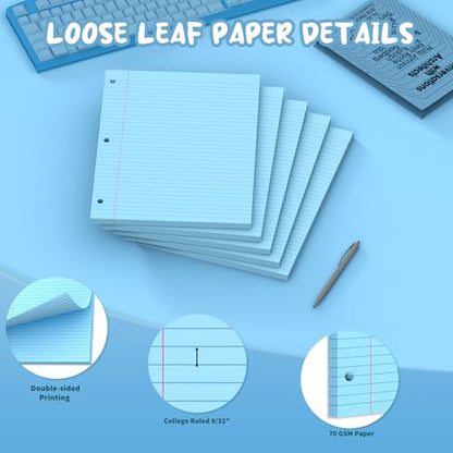Blue Loose Leaf Paper 8 x 10.5, 120 Sheets Lined Paper College Ruled Paper, 3 Hole Punched Notebook Paper College Ruled, 3 Ring Binder Paper 8 x 10.5, Filler Paper College Ruled for Office, School - color: Blue-120 Pcs