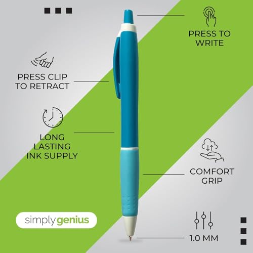 Simply Genius 100-Piece Retractable Ballpoint Pen Set - Bulk Pens for School & Office Supply - Black Ink Writing Instruments - Retractable Design with Ergonomic Grip - Pack of 100, Blue, 1.0 mm - color: Blue