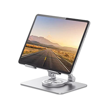 Adjustable Tablet Stand with 360° Swivel Base, Aluminum Holder for 5.8–12.9" Tablets & Switch, Silver