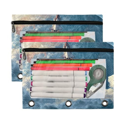 Kcldeci Pencil Pouch for 3 Ring Binder, Rocket 2 Pack Binder Pencil Pouch with Clear Window Pencil Bags with Zipper Pencil Case for Binder - color: B04
