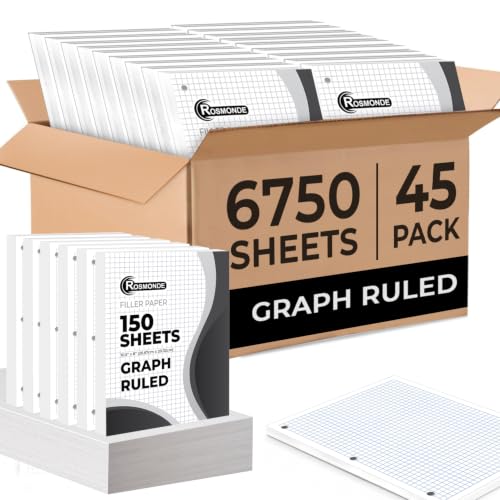 Rosmonde 45 Pack, 6750 Sheets Graph Paper Bulk, 4x4, 8" x 10.5", Bulk Loose Leaf Paper, Bulk Grid Paper, Thick Graphing Paper, Fights Ink Bleed, 3 Hole Punched, Quad Ruled Sheets, Bulk School Supplies - size: 45 Pack (6750 Sheets)