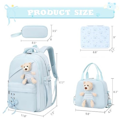 ACESAK Backpack for Girls with Bento Box - 4 PCS Cute Girls Backpack with Lunch Box, Pencil Case & Bento Box Set - 43oz Leakproof Lunch Box Kids Snack Containers Set Back to School Supplies (Blue) - color: Blue