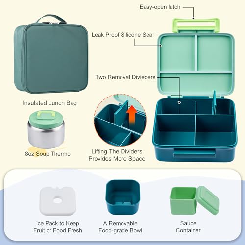 Bento Lunch Box for Kids with Thermo, Leakproof Bento Box with 8oz Insulated Food Jar, Lunch Bag, BPA Free Dishwasher Safe 4 Compartment Container for School Girls Boys (Green) - color: Green1
