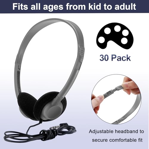 Yunsailing 30 Pack Bulk Headphones Set Over Ear Headphones with Adjustable Headband 3.5mm Plug Headsets Earphones for Learning Program, Computer Lab, Library, Testing & Multimedia Use (Grey) - color: Grey