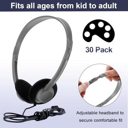 Yunsailing 30 Pack Bulk Headphones Set Over Ear Headphones with Adjustable Headband 3.5mm Plug Headsets Earphones for Learning Program, Computer Lab, Library, Testing & Multimedia Use (Grey) - color: Grey