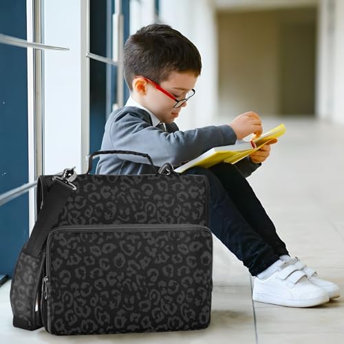 Zipper Binder Bag 3 Ring File Folder Portfolio Organizer Zippered Binder Bags with Strap Fits Laptop Women Men - color: 12-leopard Black