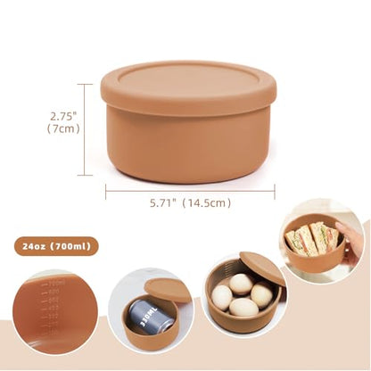 24 fl oz Adult Silicone Reusable Lunch Bento Bowl with Lid, Medium Airtight Food Storage Container for Cereal, Meal Prep & Leftovers, BPA Free, Microwave Fridge Dishwasher Safe (Brown 1 Pack) - color: Brown