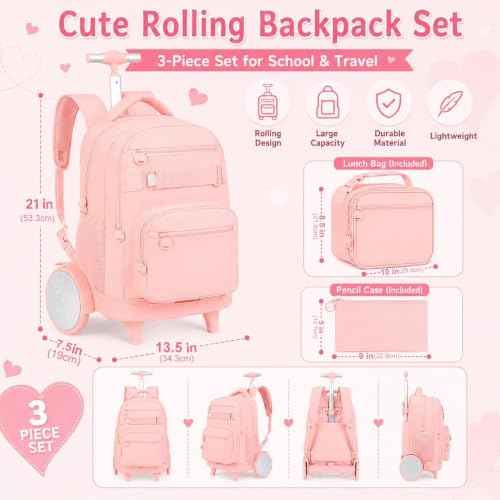 3Pcs Large Rolling Backpack for Teen Girls Women, 20 Inch Detachable Wheeled Bookbag with Lunch Box, Durable Oxford Cloth Roller Backpack for College School Travel (Pink) - color: Large Wheels Classic Pink