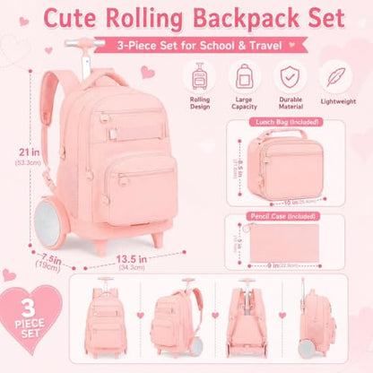 3Pcs Large Rolling Backpack for Teen Girls Women, 20 Inch Detachable Wheeled Bookbag with Lunch Box, Durable Oxford Cloth Roller Backpack for College School Travel (Pink) - color: Large Wheels Classic Pink