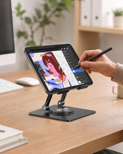 Tablet Stand for iPad, Aluminum iPad Stand for Desk | 360° Rotating, Compatible with 4.7-12.9" iPad, Foldable, for Tablet, Kindle, Galaxy Tab, Black - color: Black
