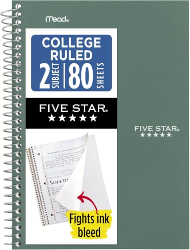 Five Star Spiral Notebook, 2 Subject, College Ruled Paper, 6" x 9-1/2", 80 Sheets, Fights Ink Bleed, Water Resistant Cover, Seaglass Green (840029CH1-ECM) (Pack of 12) - color: Seaglass Green, size: Pack of 12