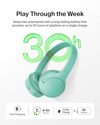 Belkin SoundForm Mini - Wireless Bluetooth Kids Headphones, 30H Battery, 85dB Safe Volume Limit, Built-in Microphone - Toddler On-Ear Earphones for iPhone, iPad, Fire Tablet, Ideal for School - Mint - color: Mint, style: Wireless (USB-C)