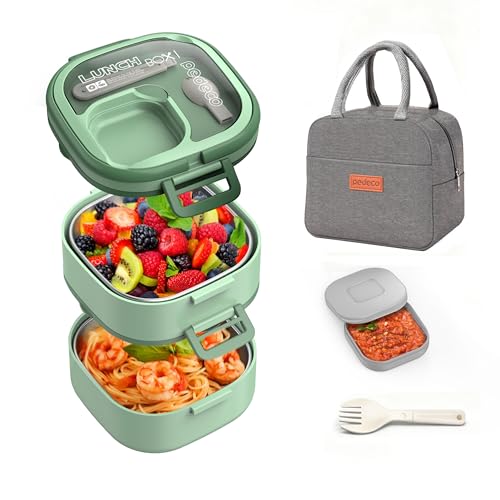 PEDECO Luch Box Set Stackable Stainless Steel Bento Box with Insulated bag,Leak-Proof,2-Tier Bento box,Lunch Box With Portable Sauce Pod and Cutlery-for Kids/Toddler,Dishwasher Safe,Green - color: Green, size: Stainless Steel Double Layers with Lunch Bag