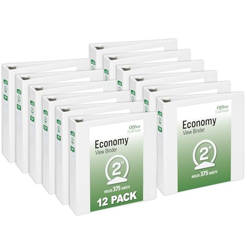 Office Essentials Economy View 3 Ring Binders, 2" Round Rings, 2.8" Spine, 375-Sheet Capacity, White Binders (12-Pack of 03428) - size: 2"