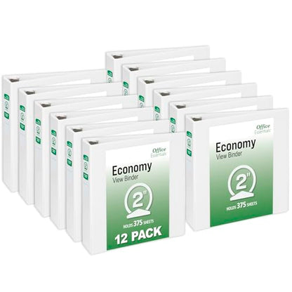 Office Essentials Economy View 3 Ring Binders, 2" Round Rings, 2.8" Spine, 375-Sheet Capacity, White Binders (12-Pack of 03428) - size: 2"