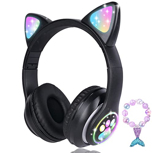 Cat Ear Kids Headphones Bluetooth, LED Light up Wireless/Wired Mode Over Ear Headphones with Build in Microphone for School/Travel (Black) - color: Black