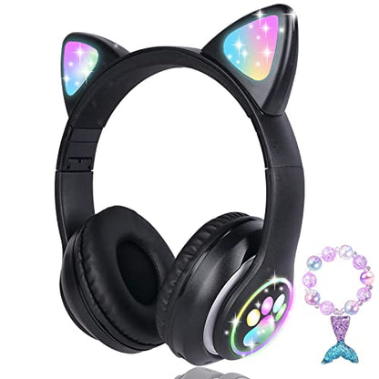 Cat Ear Kids Headphones Bluetooth, LED Light up Wireless/Wired Mode Over Ear Headphones with Build in Microphone for School/Travel (Black) - color: Black