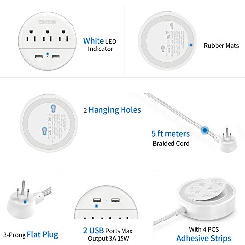 NTONPOWER Braided Power Strip Flat Plug with USB, Compact Nightstand Desktop Charging Station with 3 Outlets 2 USB Ports, Wall Mount Small Size for Dorm Nightstand Home Office, White - size: 5ft, style: Braid Cord