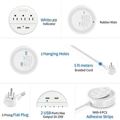 NTONPOWER Braided Power Strip Flat Plug with USB, Compact Nightstand Desktop Charging Station with 3 Outlets 2 USB Ports, Wall Mount Small Size for Dorm Nightstand Home Office, White - size: 5ft, style: Braid Cord