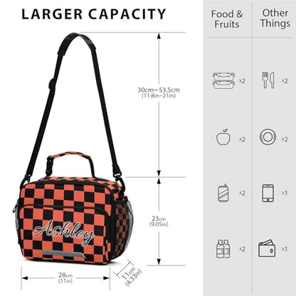 Custom Student Lunch Bag for Boys Girls Orang Black Checkered Personalized Lunch Box With Name Insulated Cooler Bag for School Picnic Travel - color: Multi13
