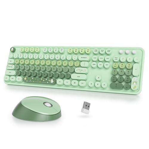 Wireless Keyboard and Mouse Set, Retro Typewriter Keyboards, 2.4GHz Full Size 104-Key Cute Keyboard with Number Pad, Colorful Keyboard with Round Keycaps for Windows PC Laptop(Light Green) - color: Light green