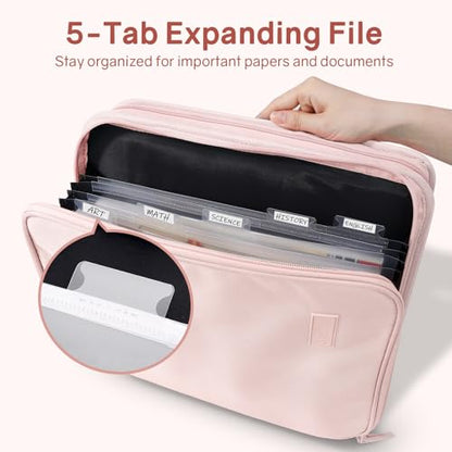 SUNEE Zippered Binder Bag with Handle, 2-Inch 3-Ring O-Ring, 500-Sheet Capacity, Includes Zip Pocket, 5-Tab Expanding File Folder, Multi-Pocket Organizer Binder for Middle School, Pink Lotus - color: Pink Lotus