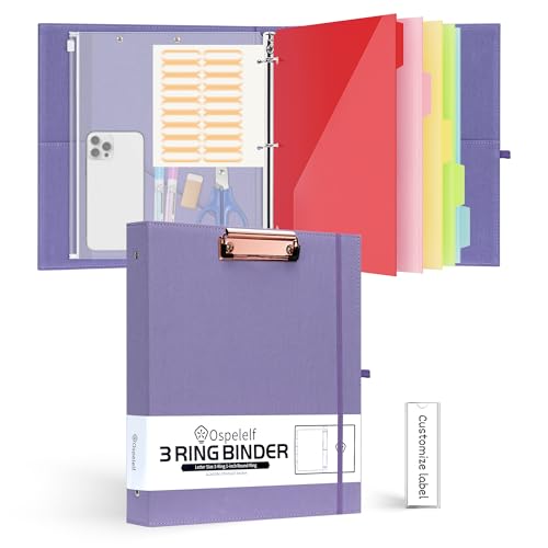Ospelelf 1 Inch 3 Ring Binder with Dividers and Zipper Pouch, 5 Plastic Folders with 10 Pockets, Linen Hardcover Clipboards with Storage for Letter Size (8.5" x 11"), Purple School Binder - color: Purple, size: 1in (Letter Size)