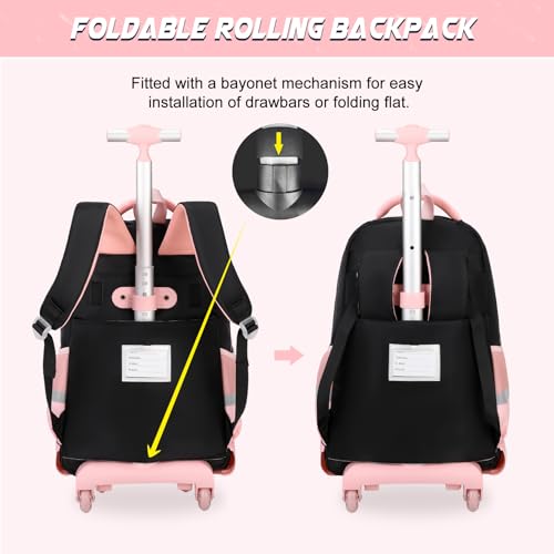 DIGOBAY Rolling Backpack for Girls, Cute Roller School Bag with Wheels, Kids Wheeled Backpacks Set with Lunch Bag Pencil Case for Teen Girls Kindergarten Elementary Middle School - color: Black-pink
