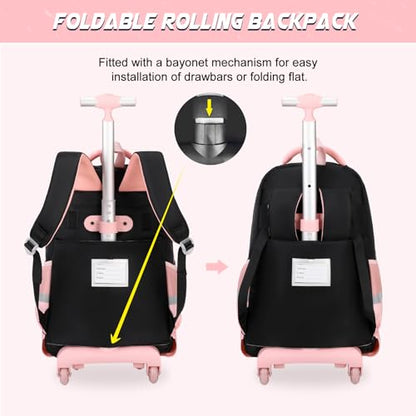DIGOBAY Rolling Backpack for Girls, Cute Roller School Bag with Wheels, Kids Wheeled Backpacks Set with Lunch Bag Pencil Case for Teen Girls Kindergarten Elementary Middle School - color: Black-pink
