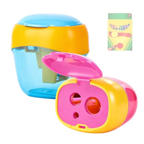 Pencil Sharpeners, Crayon Sharpener Compatible with Crayola 2 Packs | Double-Hole with Lid, Stainless Steel Blade, Compact and Lightweight, Durable and Simple to Use, Great for Daily Use