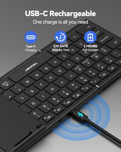 TECKNET Wireless Foldable Bluetooth Keyboard, Rechargeable Portable Keyboards for Travel with Number Pad, Full-Size Connect Up to 3 Devices for iPad Tablet Smartphone Laptop PC Windows iOS Android