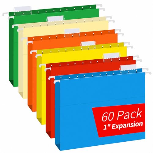 Extra Capacity Hanging File Folders, RAZCC 60 Pack Letter Size Reinforced Hanging Folders with Heavy Duty 1 Inch Expansion for Bulky Files, Filing Cabinet, Adjustable Tabs, Assorted Colors - size: 1 inch expansion