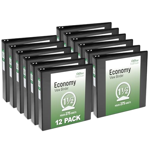 Office Essentials Economy View 3 Ring Binders, 1.5" Round Rings, 2.1" Spine, 275-Sheet Capacity, Black Binders (12-Pack of 03427) - size: 1.5"