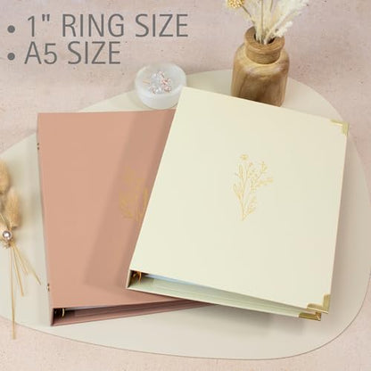 Aesthetic 6 Ring A5 Binder Set of 2 - The Perfect Small 0.75 Inch Planner Binder for Journaling or Collections - Refillable Notebook Holder with Pocket - color: Beige-pink