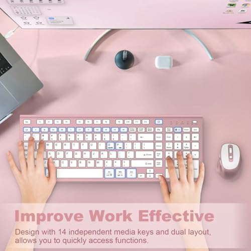 FENIFOX Wireless Keyboard and Mouse, Rechargeable USB C Combo Silent Quiet Compact Full Size Flat with Number Pad Soft Cover for Mac MacBook iMac Windows PC Laptop Computer Office - Pink & Rose Gold - color: Pink Rose Gold