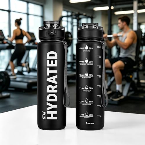 32oz Water Bottle with Time Marker, Leakproof & Motivational Gradient Design, BPA Free, Wide Mouth with Easy Clean Brush for Gym, Travel, Home & Office (Black) - color: Gray