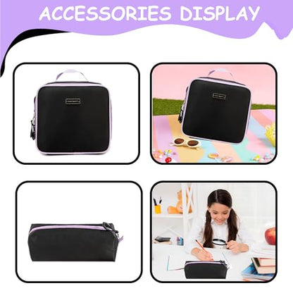 Backpack with Wheels for Girls Rolling Backpack for Kids 8-12 Roller Backpacks for Girls 10-12 School with Lunch Bag Pencil Case - color: Solid New Black Purple