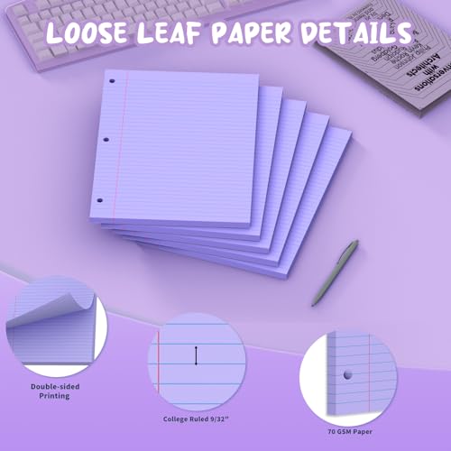 Purple Loose Leaf Paper 8 x 10.5, 120 Sheets Lined Paper College Ruled Paper, 3 Hole Punched Notebook Paper College Ruled, 3 Ring Binder Paper 8 x 10.5, Filler Paper College Ruled for Office, School - color: Purple-120 Pcs
