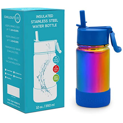 CHILLOUT LIFE 12oz Kids Insulated Stainless Steel Water Bottle with Leak Proof Straw Lid & 144 Stickers - color: Magic Rainbow, style: 12 oz