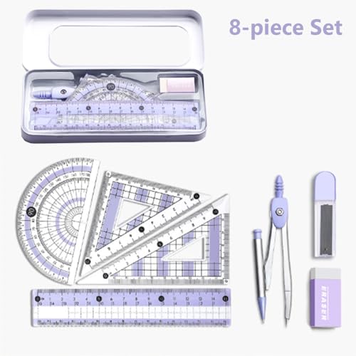 Math Geometry Tool Kit for Students – 8-Piece Compass Protractor Ruler Set with Metal Case, Anti-Myopia Office School Drawing Supplies (Purple) - color: Purple